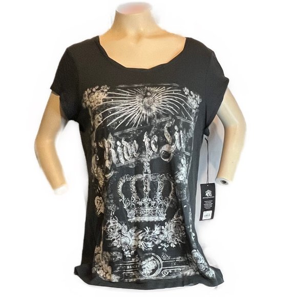 ROCK & REPUBLIC LIVE TO RIDE TSHIRT WITH RHINESTONE EMBELISHEMENTS NWT SIZE L - Picture 1 of 7